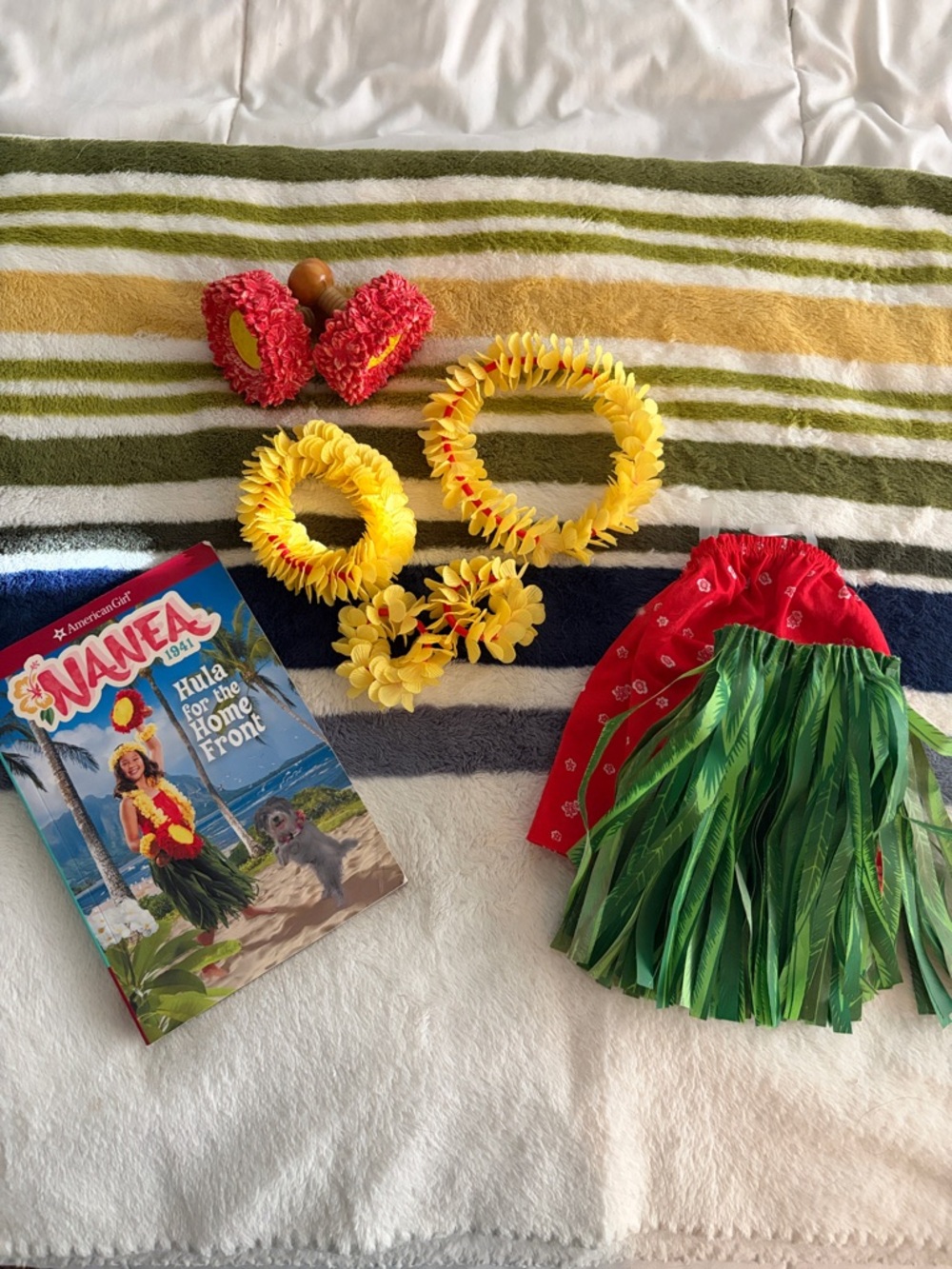 Nanea Hula Lei Set with Grass Skirt and Wrist Flowers - Yellow & Green & Red